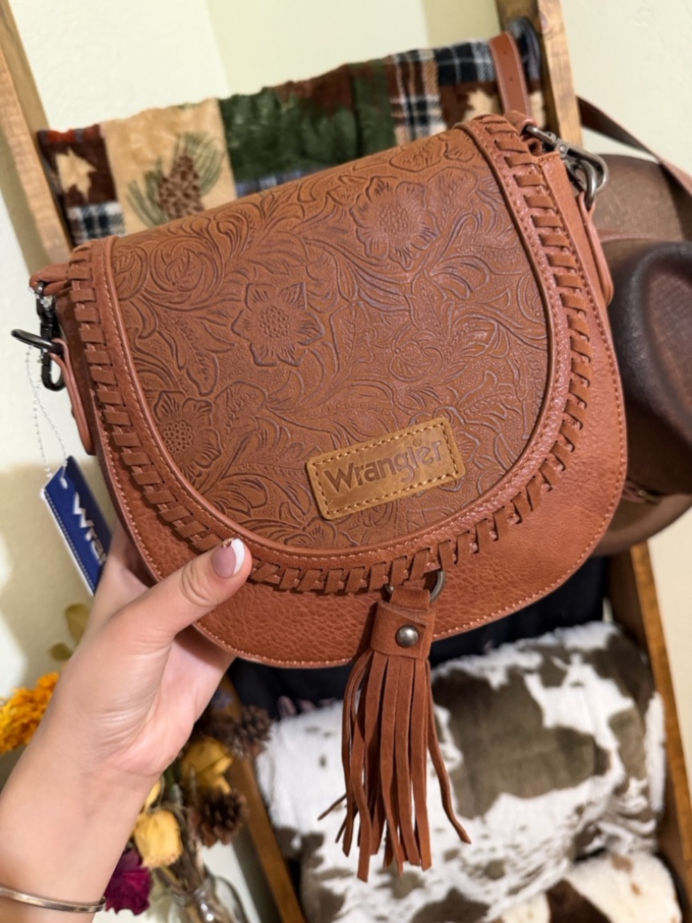 Wrangler Tan Brown Tooled Floral Crossbody with Tassel Accent